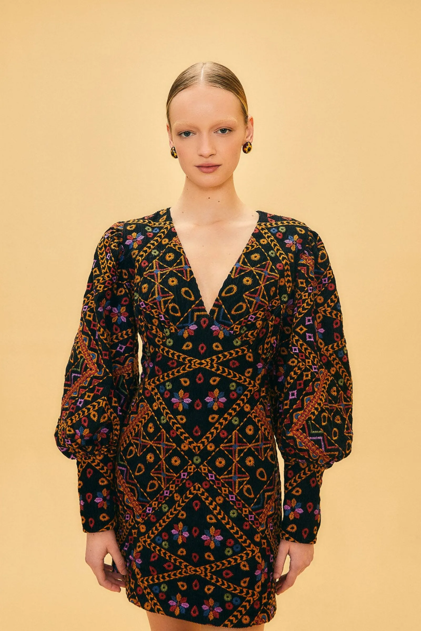  EMBROIDERED CORDUROY PUFF SLEEVE MINI DRESS