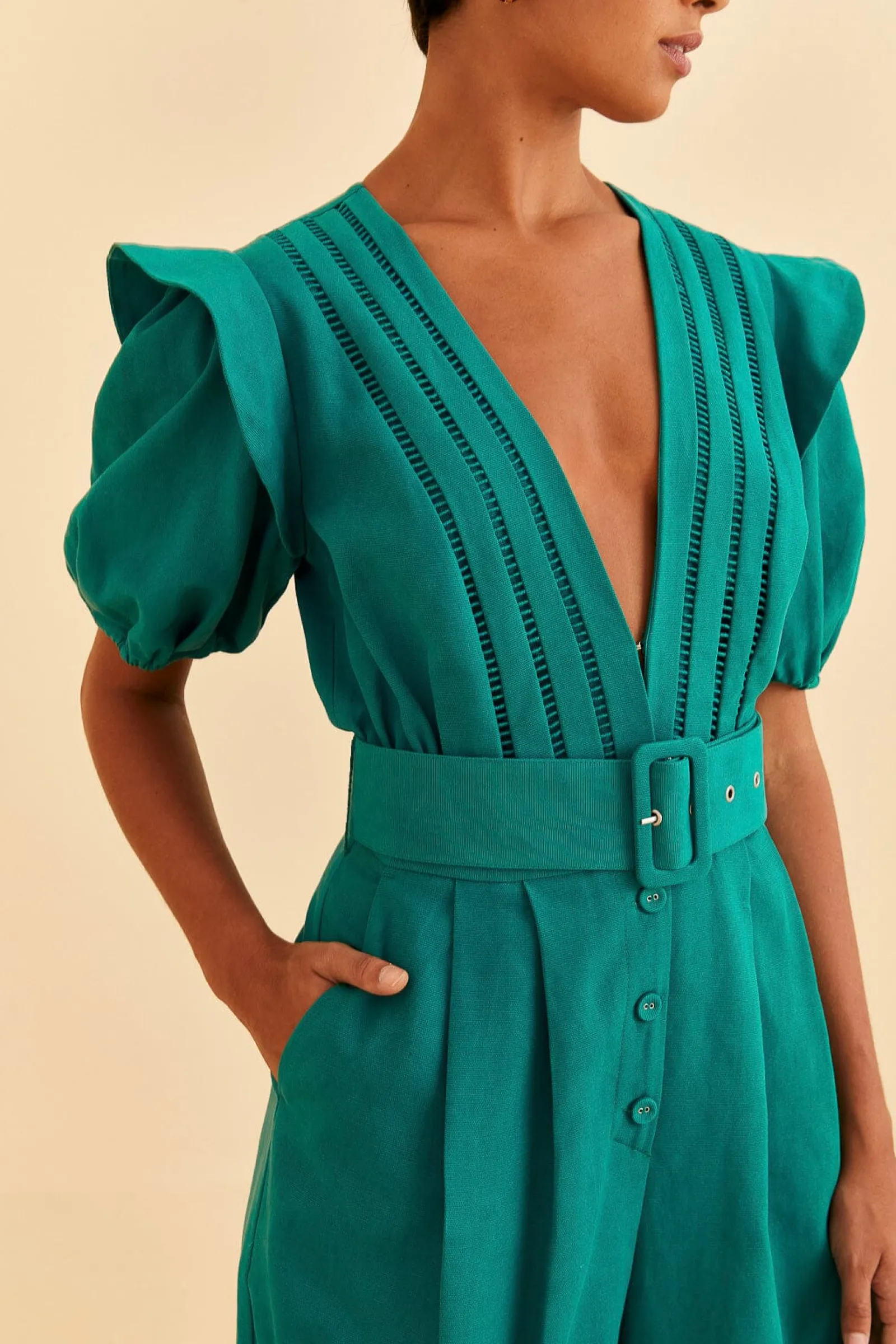 EMERALD PLEATED SHORT SLEEVE JUMPSUIT
