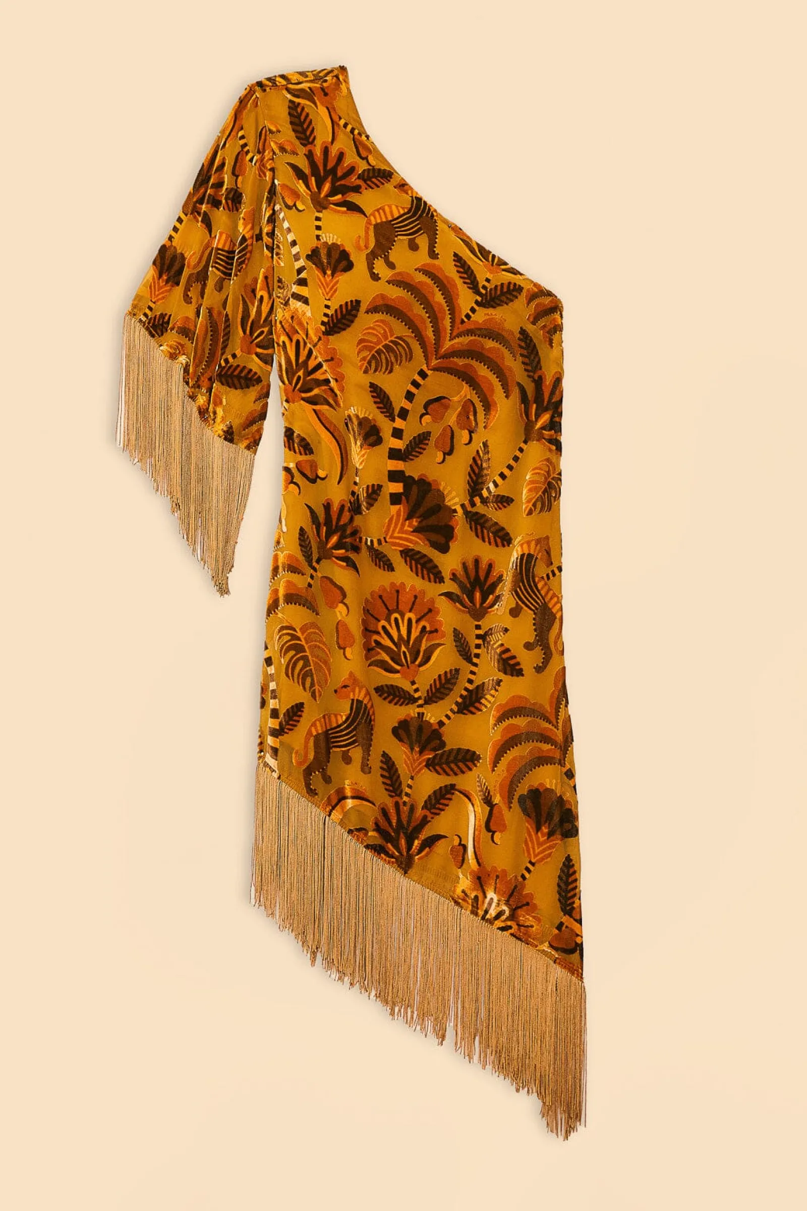 GOLDEN YELLOW VELVET ONE SHOULDER FRINGE DRESS