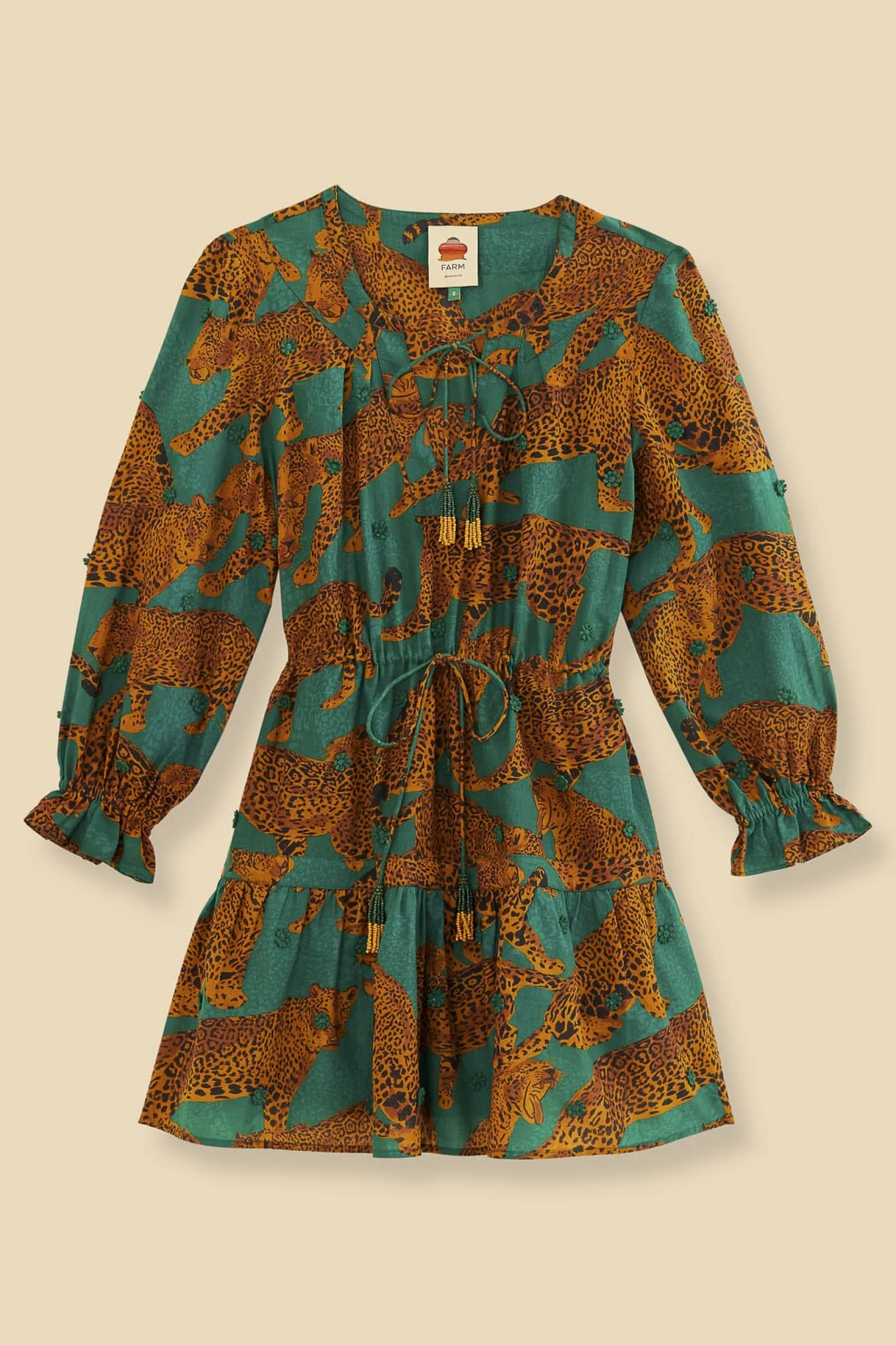 GREEN ARTSY LEOPARDS LONG SLEEVE MINI DRESS