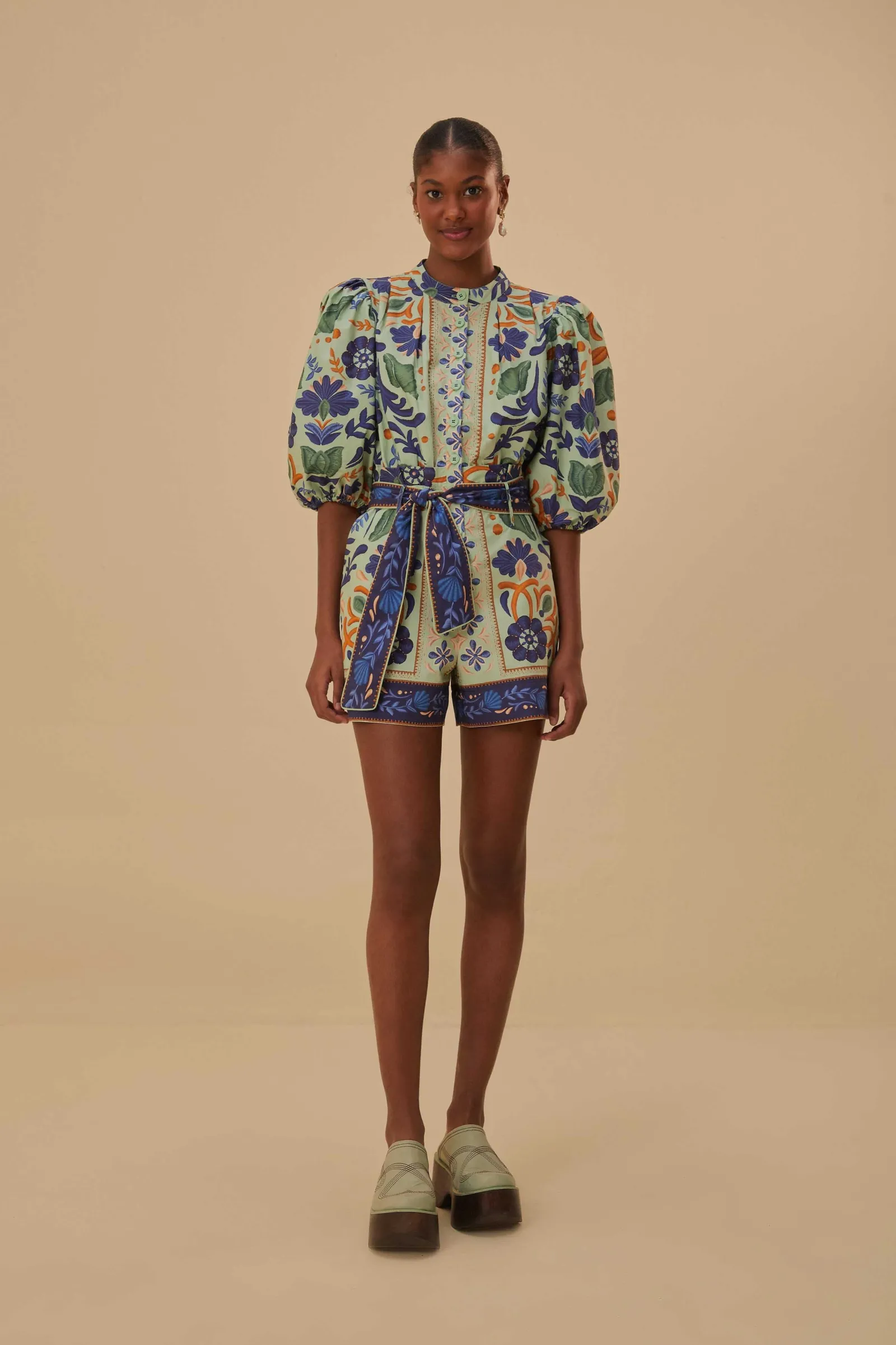 GREEN OCEAN TAPESTRY BELTED ROMPER