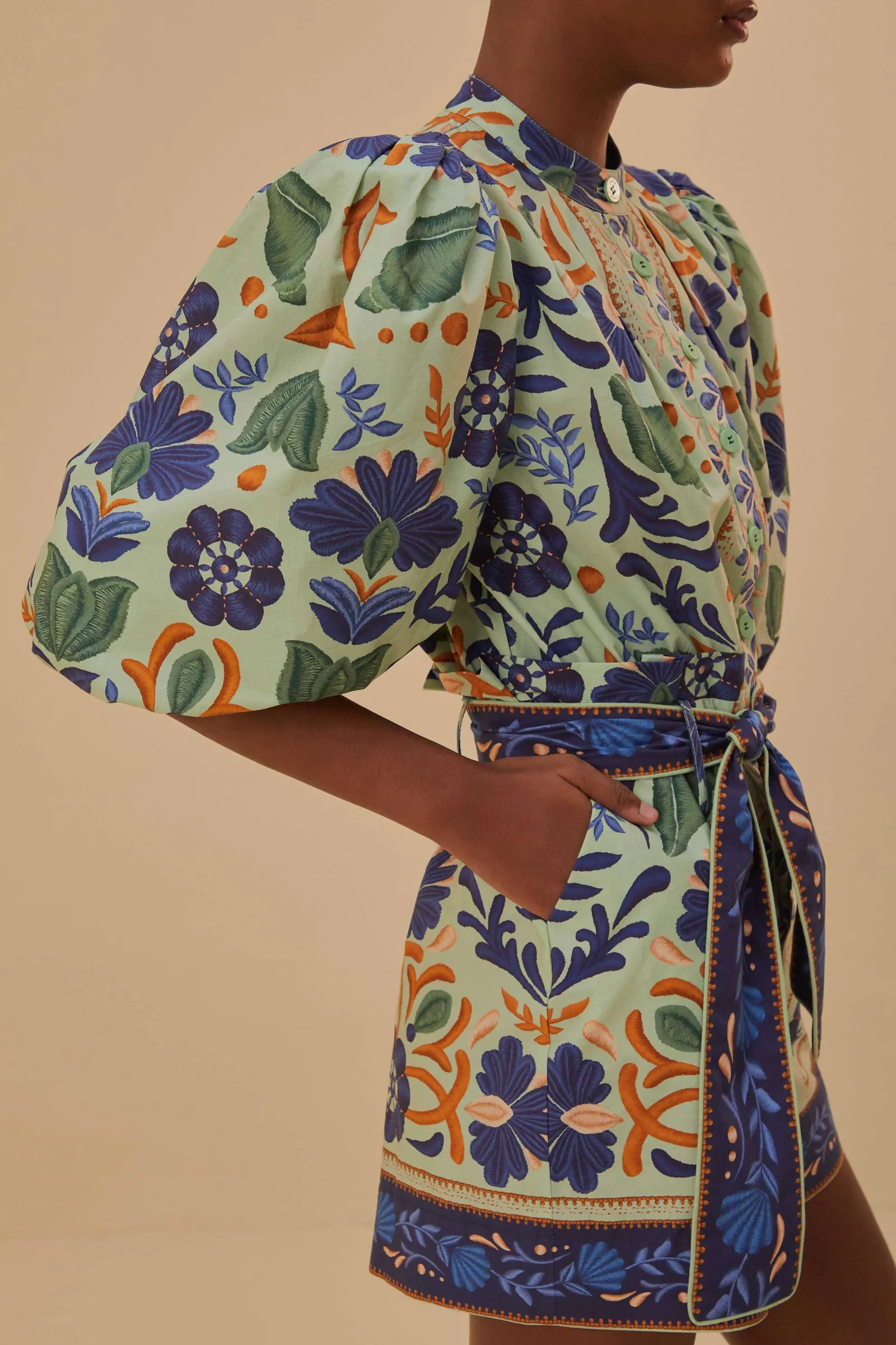 GREEN OCEAN TAPESTRY BELTED ROMPER