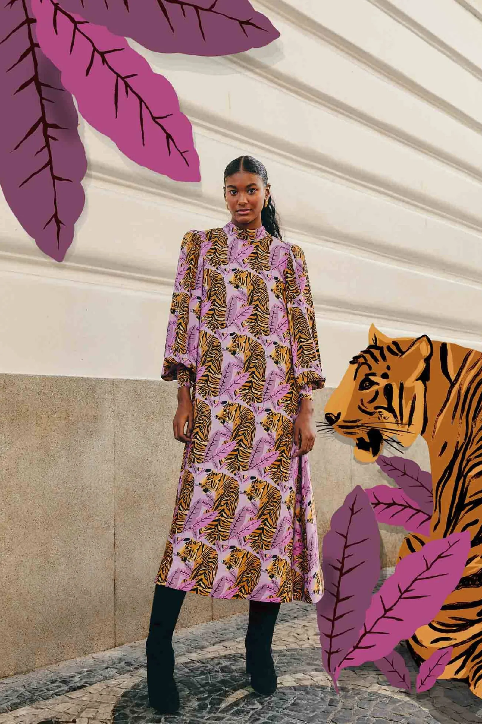 LAVENDER TIGER LEAVES MIDI DRESS