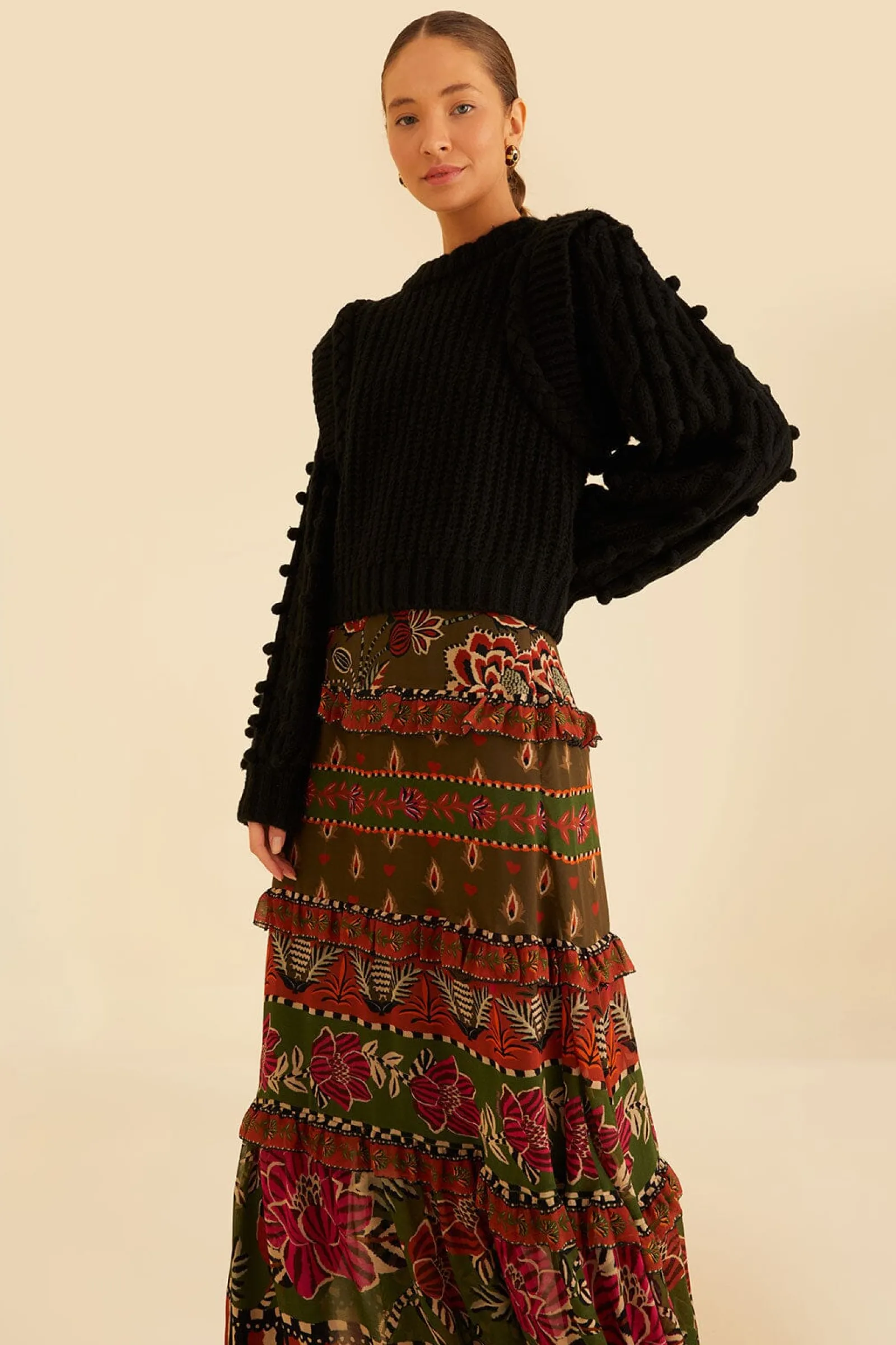 MULTICOLOR AINIKA FLORAL GARDEN TIERED MAXI SKIRT