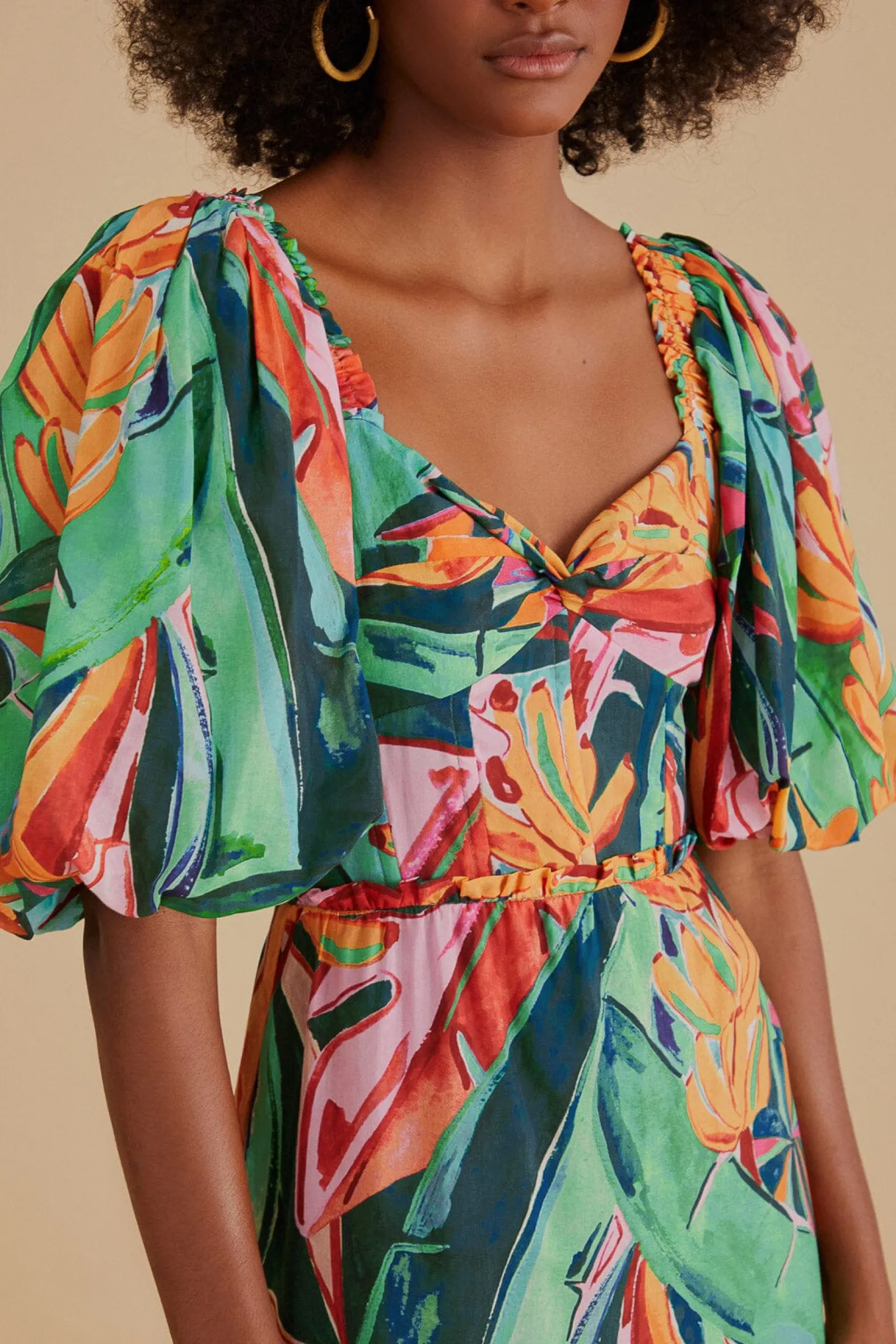  MULTICOLOR BANANA FOLIAGE PUFF SLEEVE MIDI DRESS