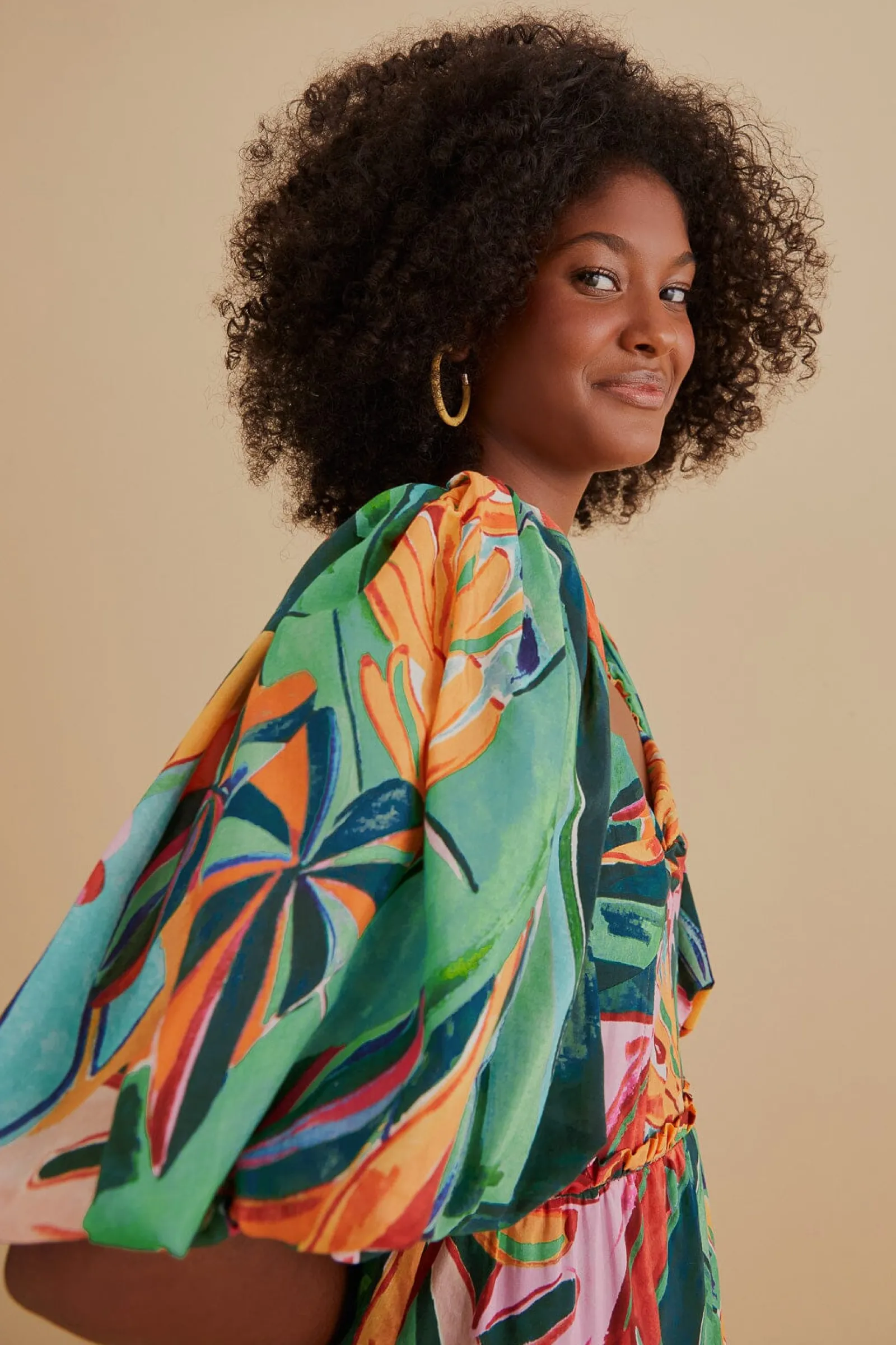  MULTICOLOR BANANA FOLIAGE PUFF SLEEVE MIDI DRESS