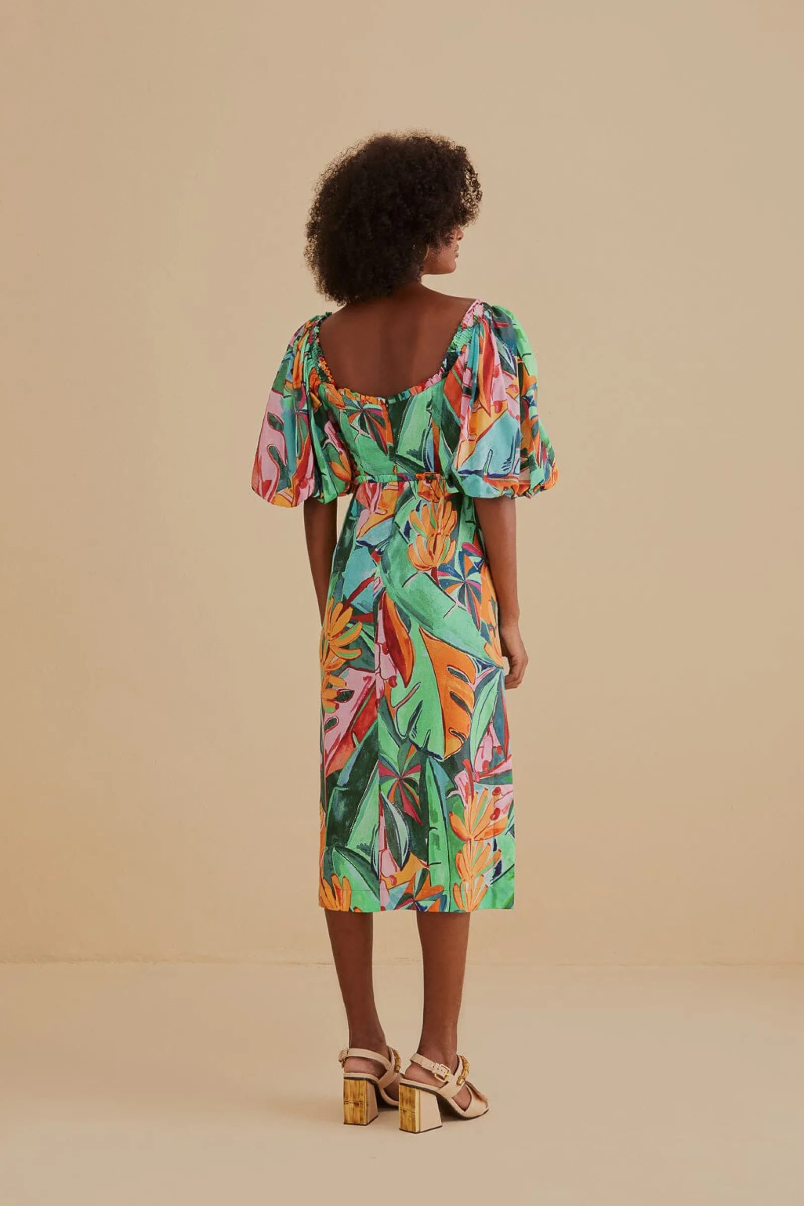  MULTICOLOR BANANA FOLIAGE PUFF SLEEVE MIDI DRESS