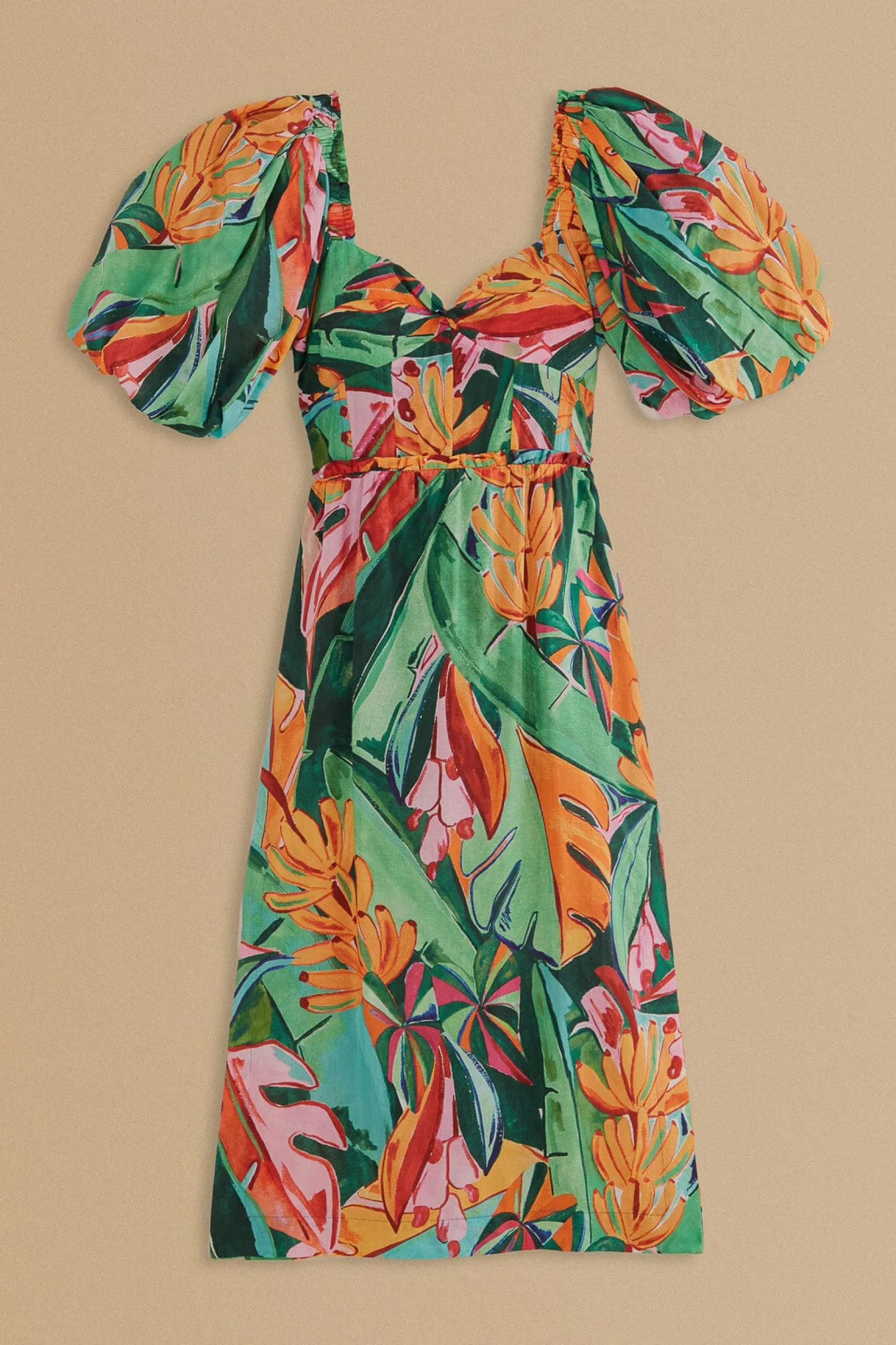  MULTICOLOR BANANA FOLIAGE PUFF SLEEVE MIDI DRESS