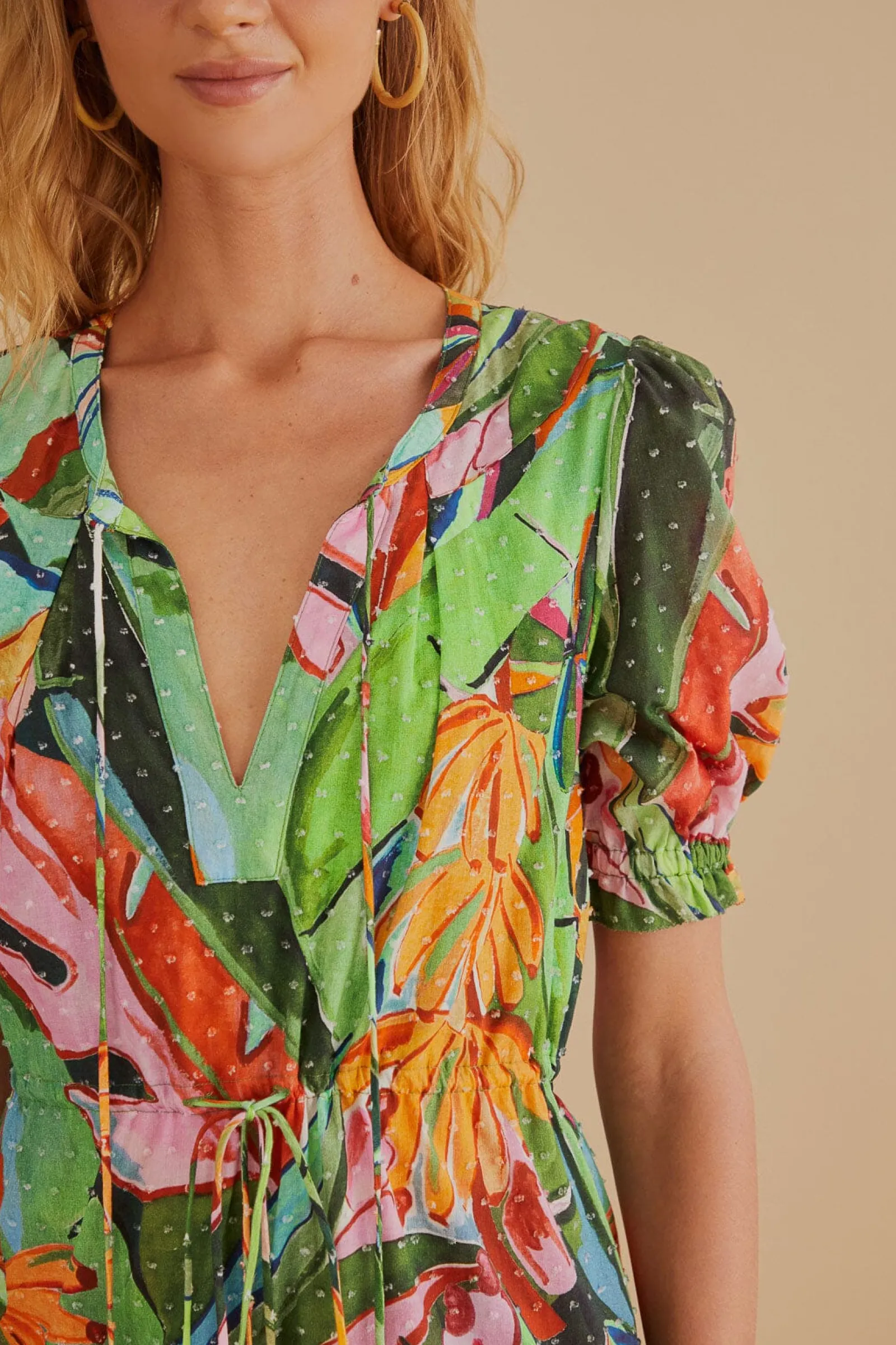 MULTICOLOR BANANA FOLIAGE SHORT SLEEVE MINI DRESS