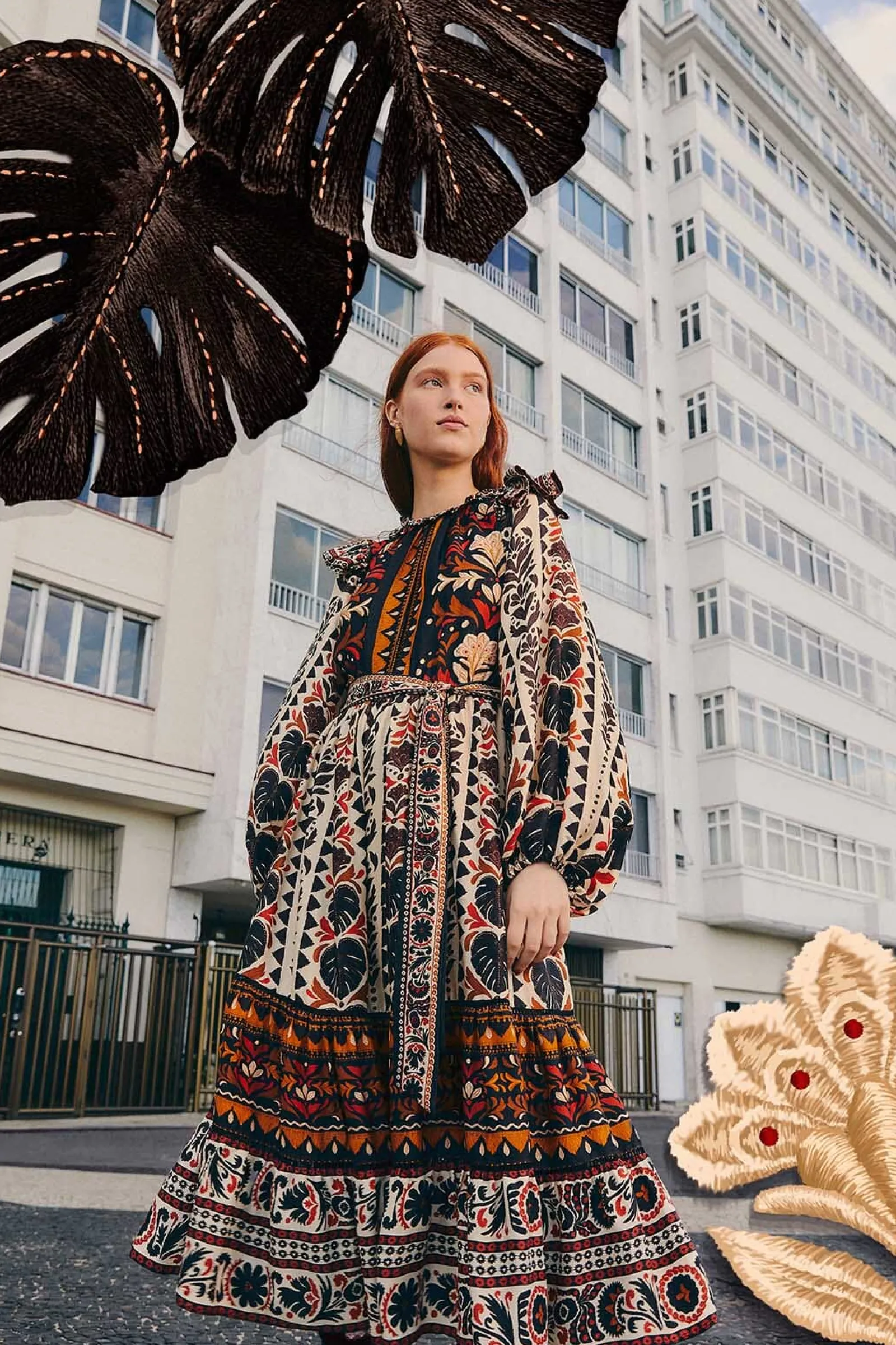 MULTICOLOR TAPESTRY GARDEN HIGH NECK MIDI DRESS