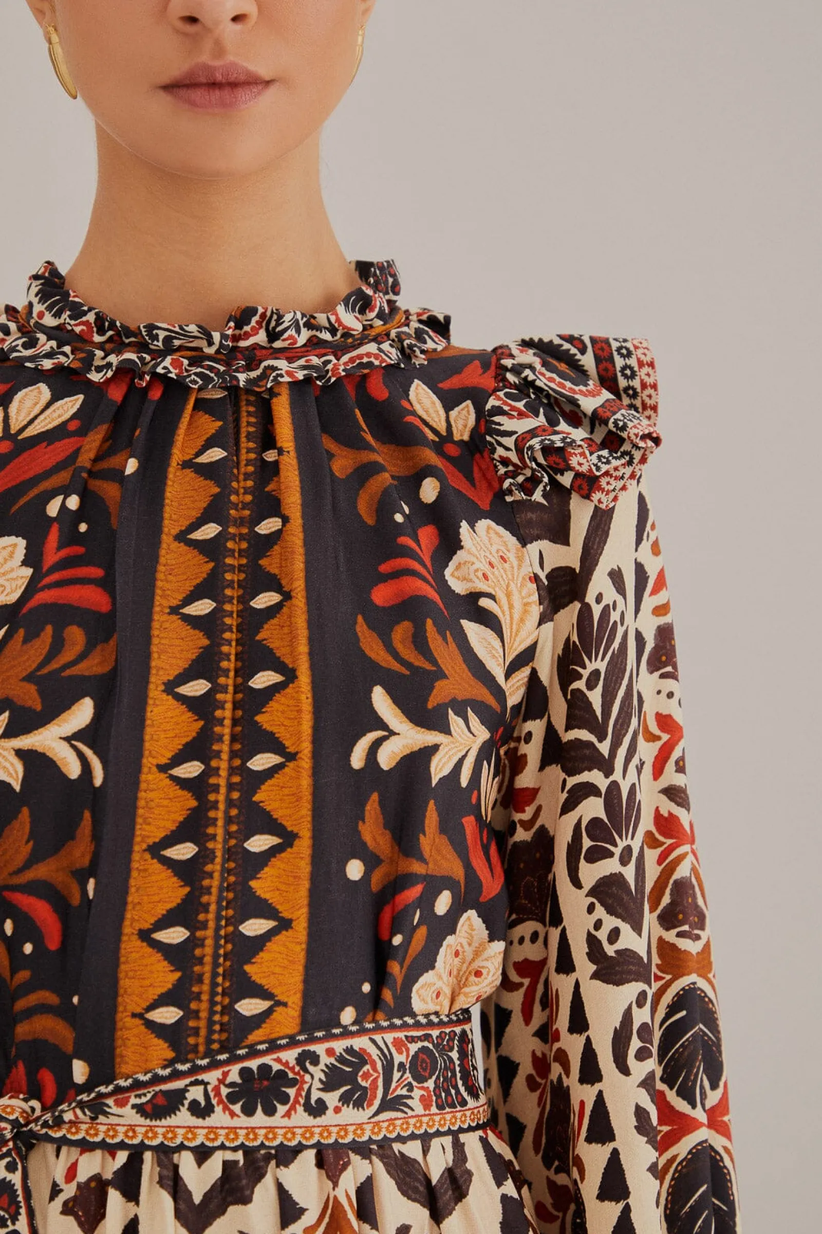 MULTICOLOR TAPESTRY GARDEN HIGH NECK MIDI DRESS