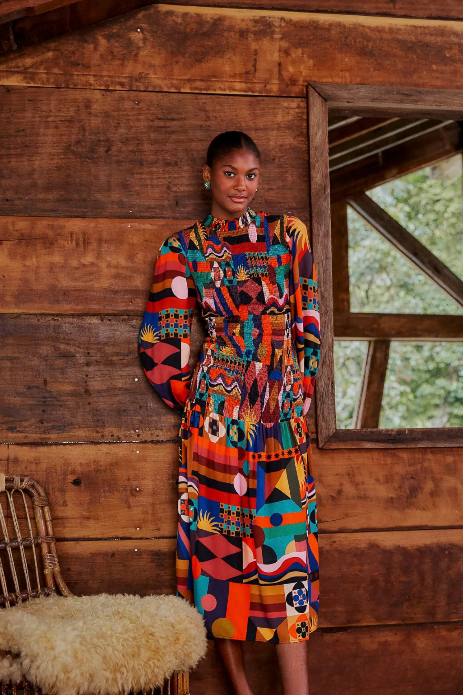  MULTICOLOR TROPICAL SHAPES LENZING™ ECOVERO™ VISCOSE MIDI DRESS