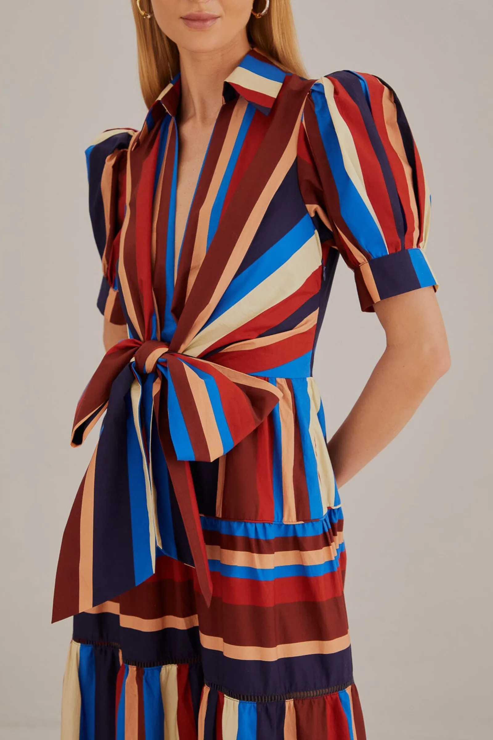 MULTICOLOR WINTER STRIPES SHORT SLEEVE MIDI DRESS