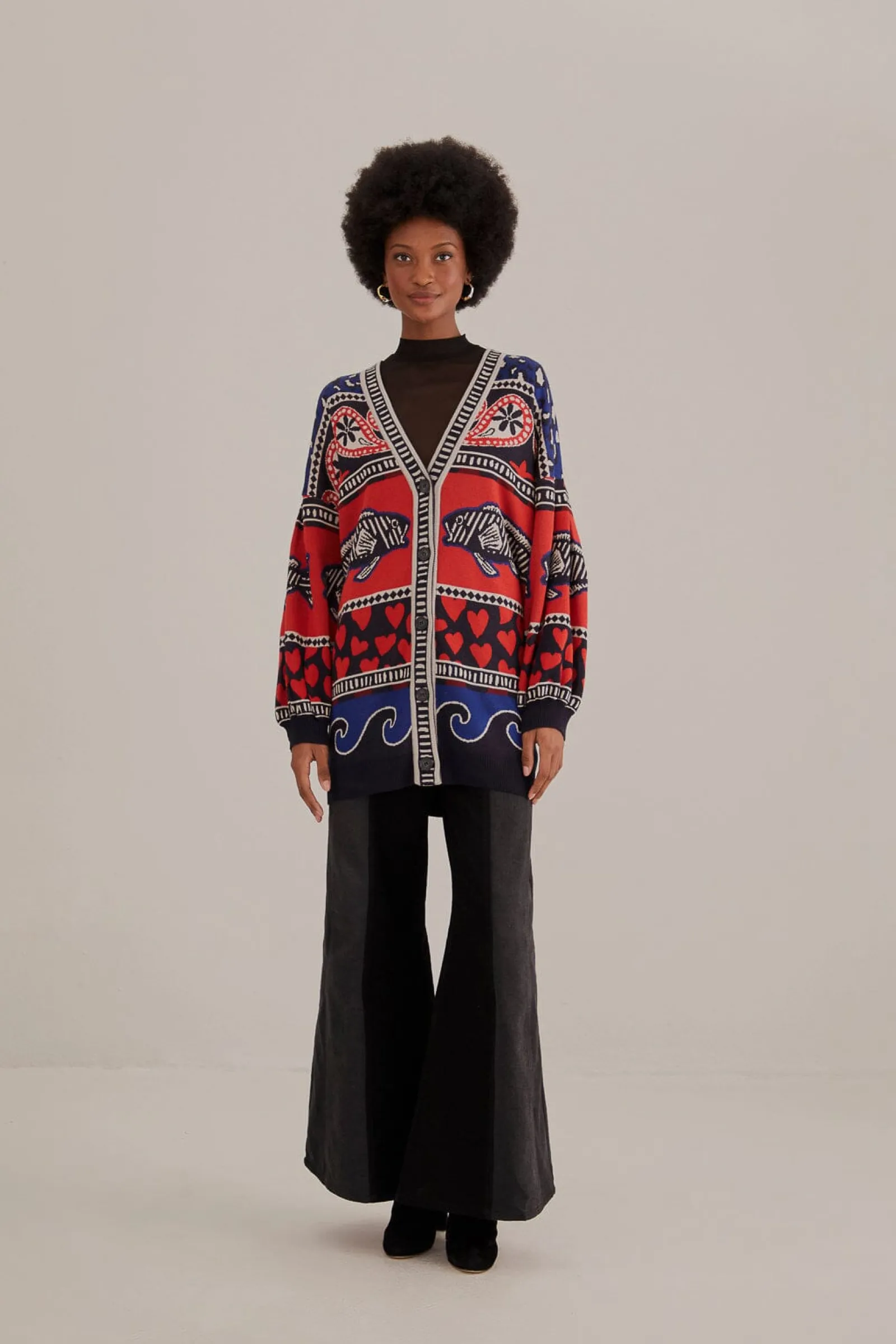 NAVY MIXED PRINTS KNIT CARDIGAN