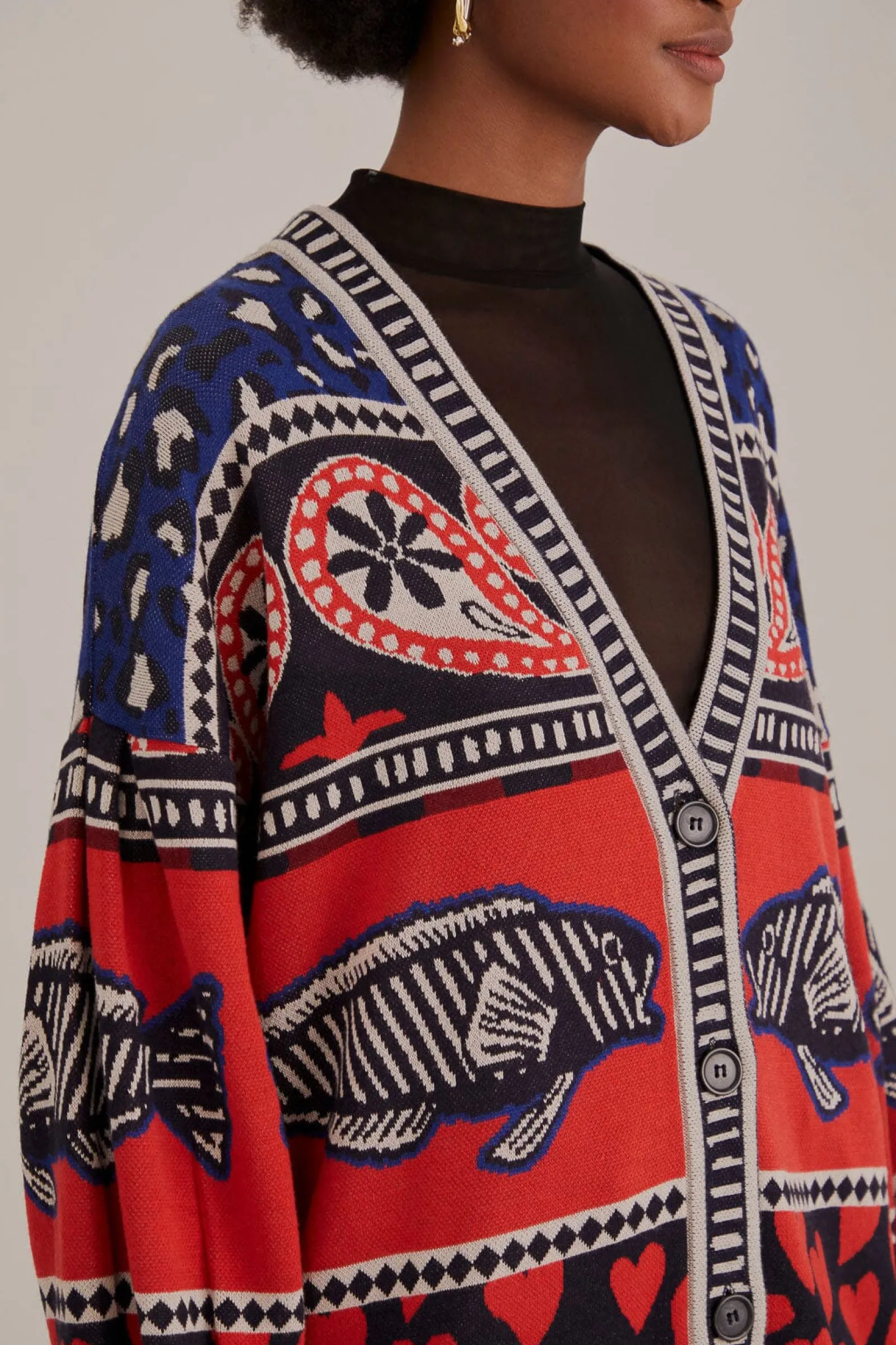 NAVY MIXED PRINTS KNIT CARDIGAN