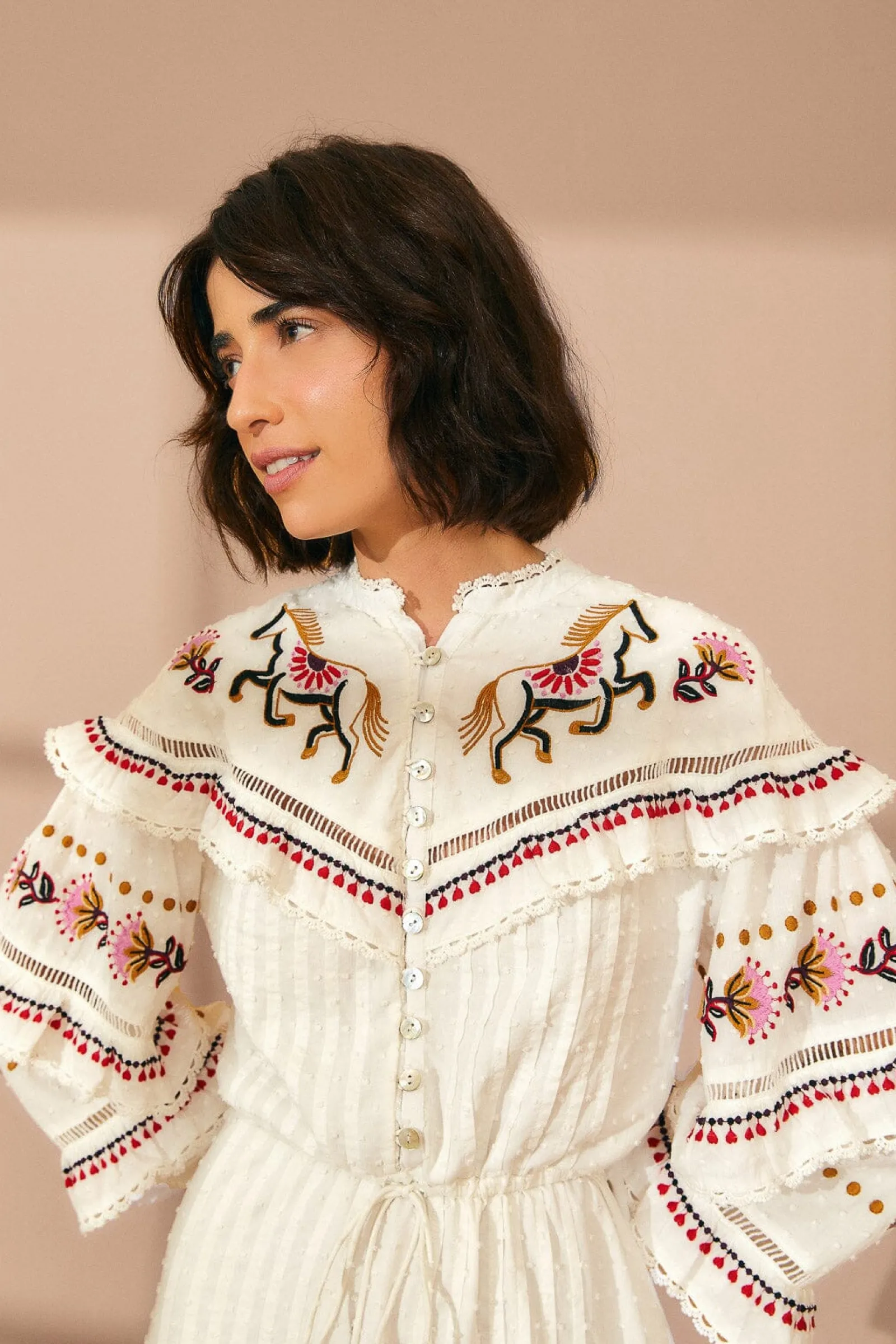 OFF-WHITE EMBROIDERED HORSES RUFFLE MINI DRESS