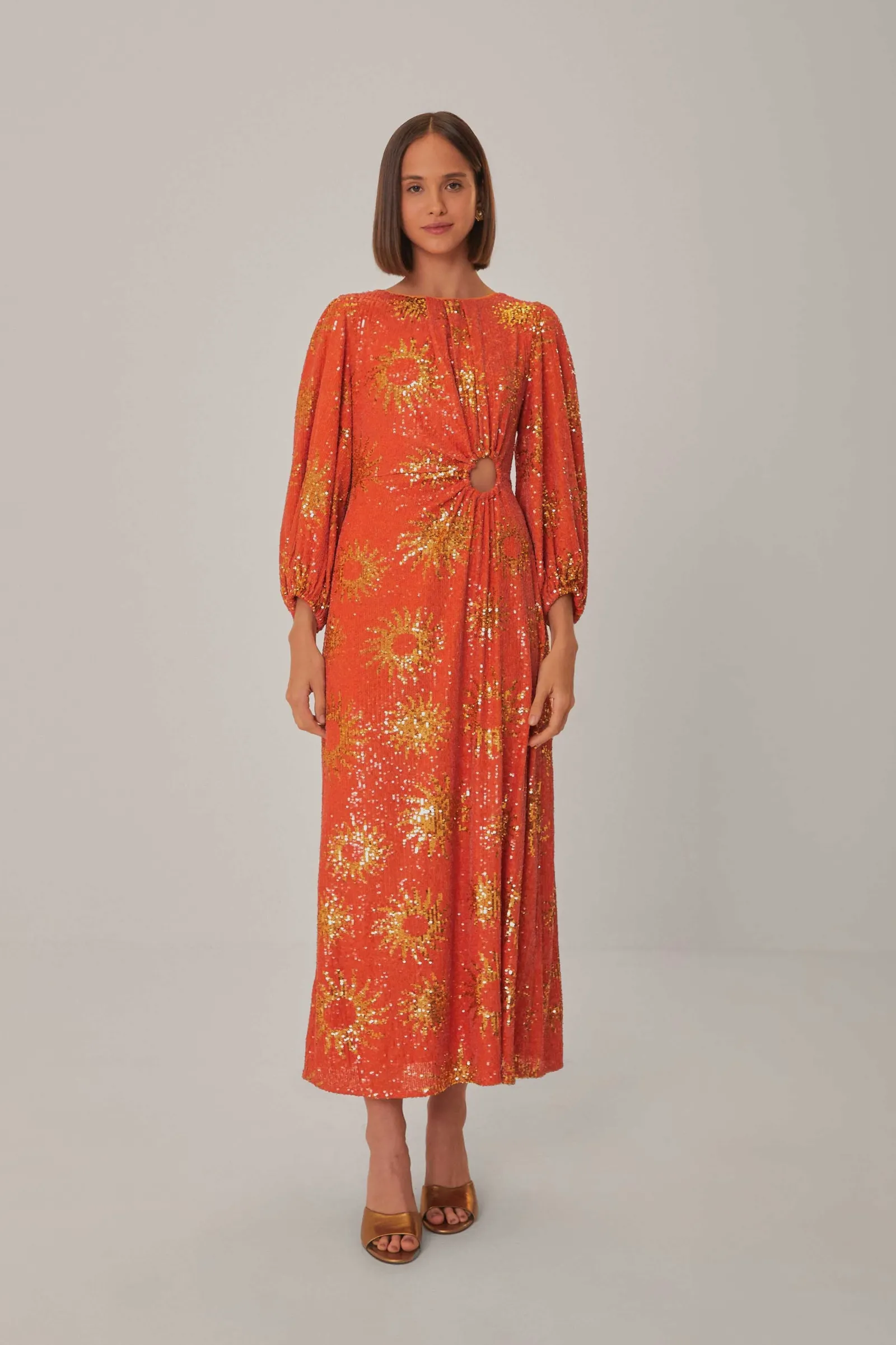 ORANGE SUNNY MOOD SEQUIN CUT OUT MIDI DRESS