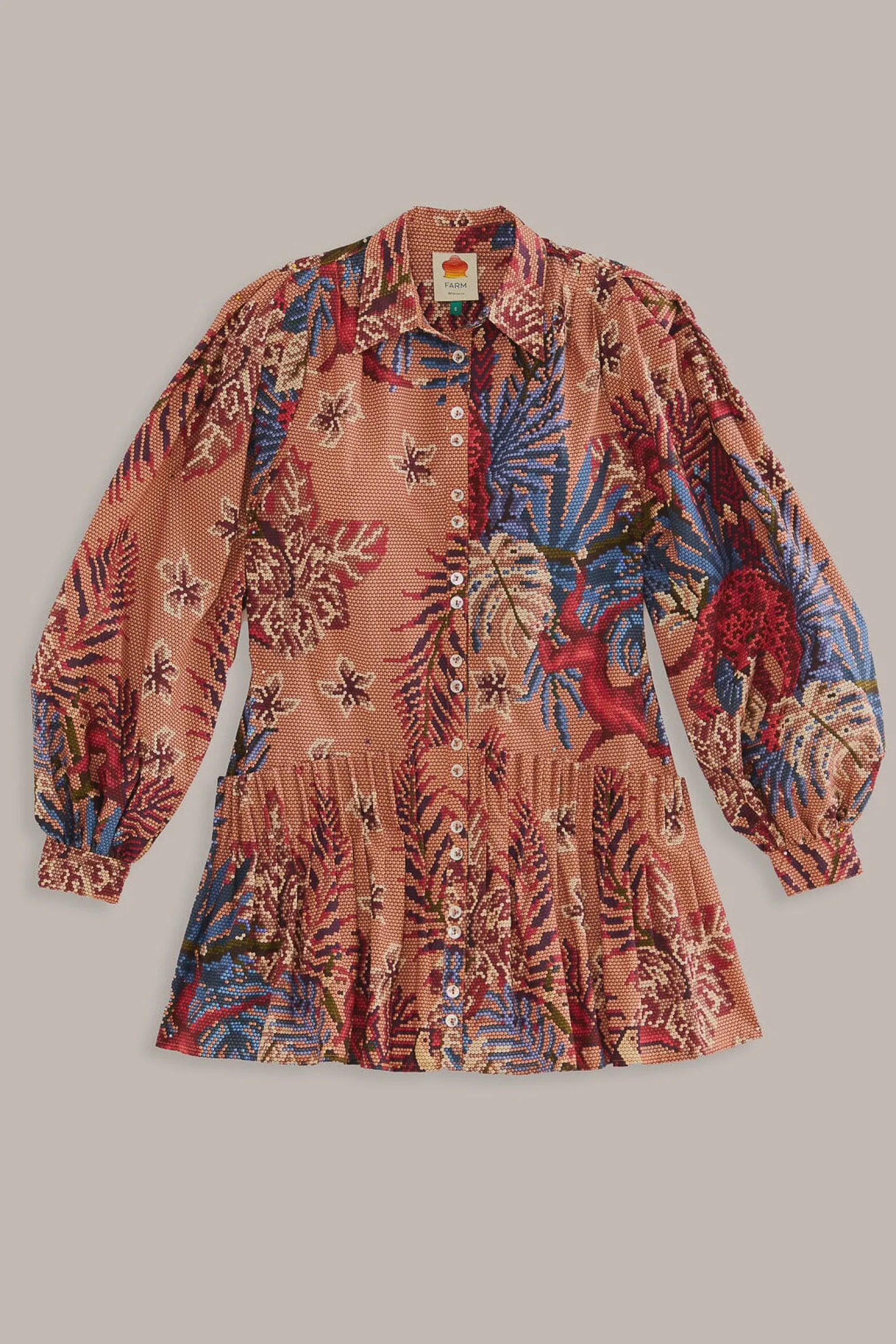 PINK BEADED FOREST LONG SLEEVE MINI DRESS