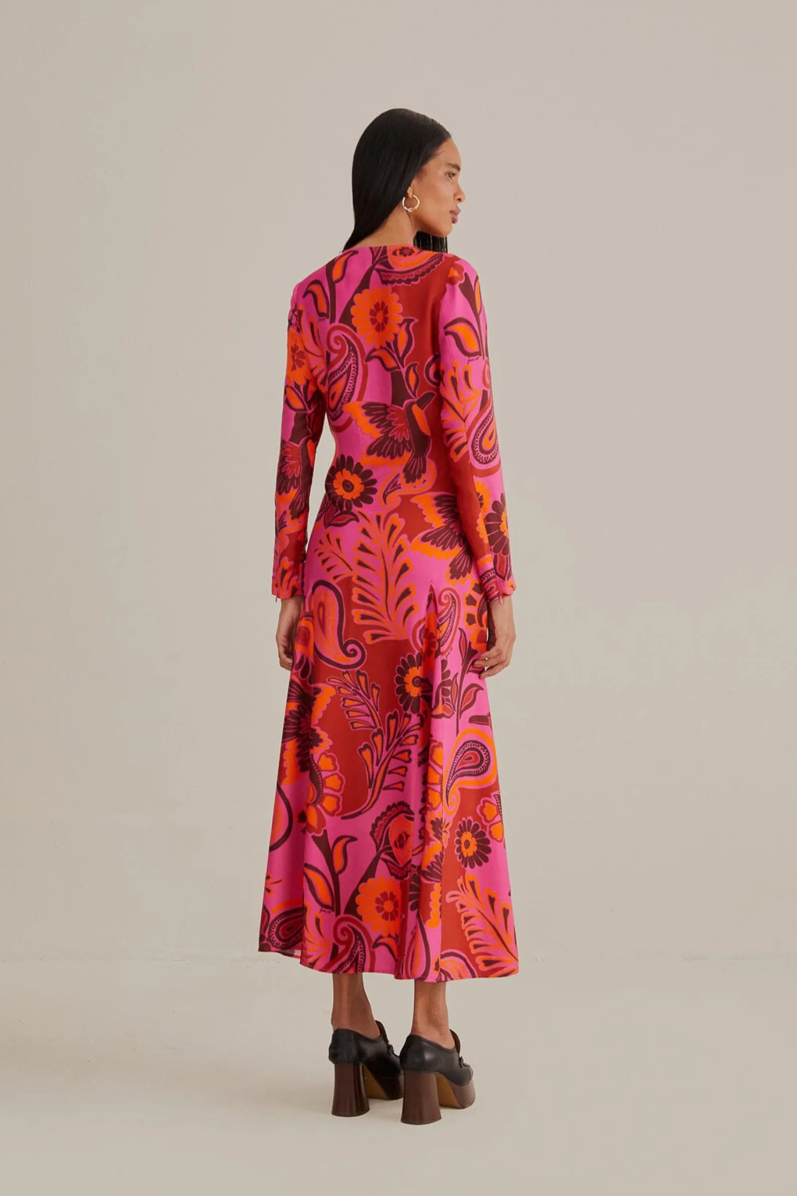 PINK BOLD FLORAL LONG SLEEVE MAXI DRESS