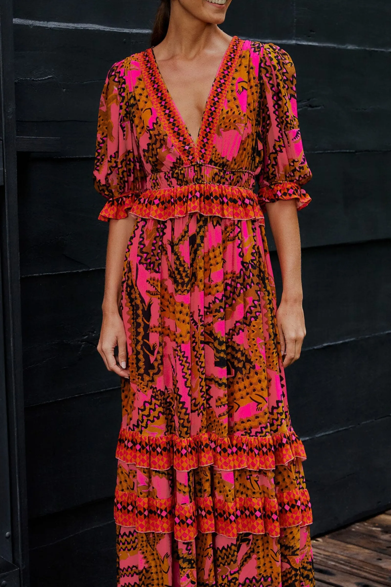 PINK CROCO SHORT SLEEVE MAXI DRESS