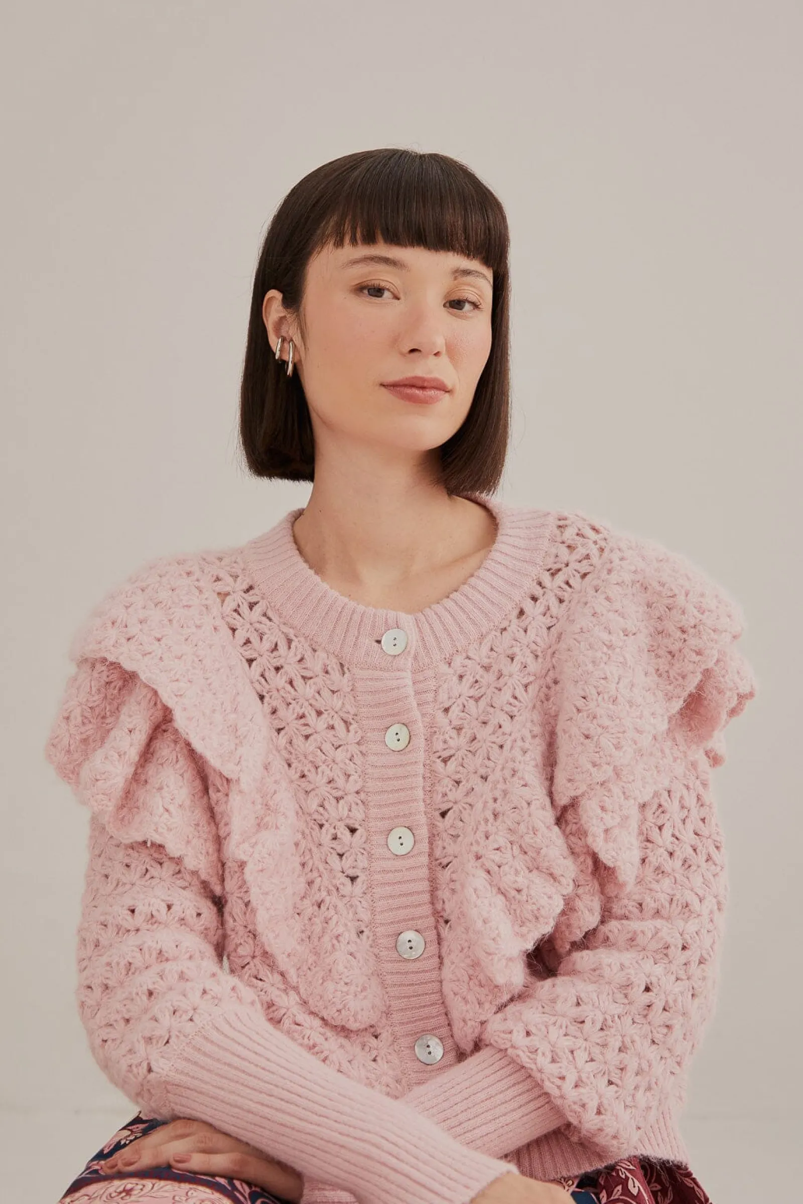  PINK FLOWER TEXTURE KNIT CARDIGAN