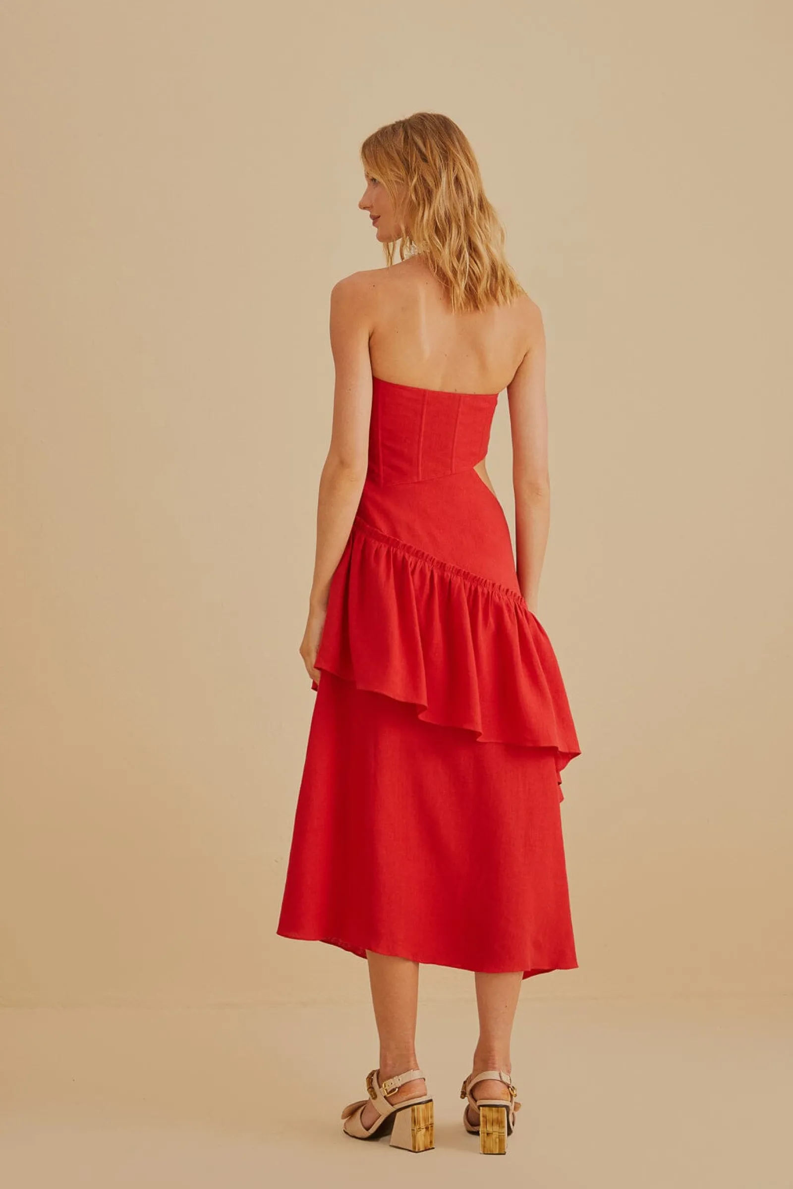 RED CUT OUT STRAPLESS MIDI DRESS