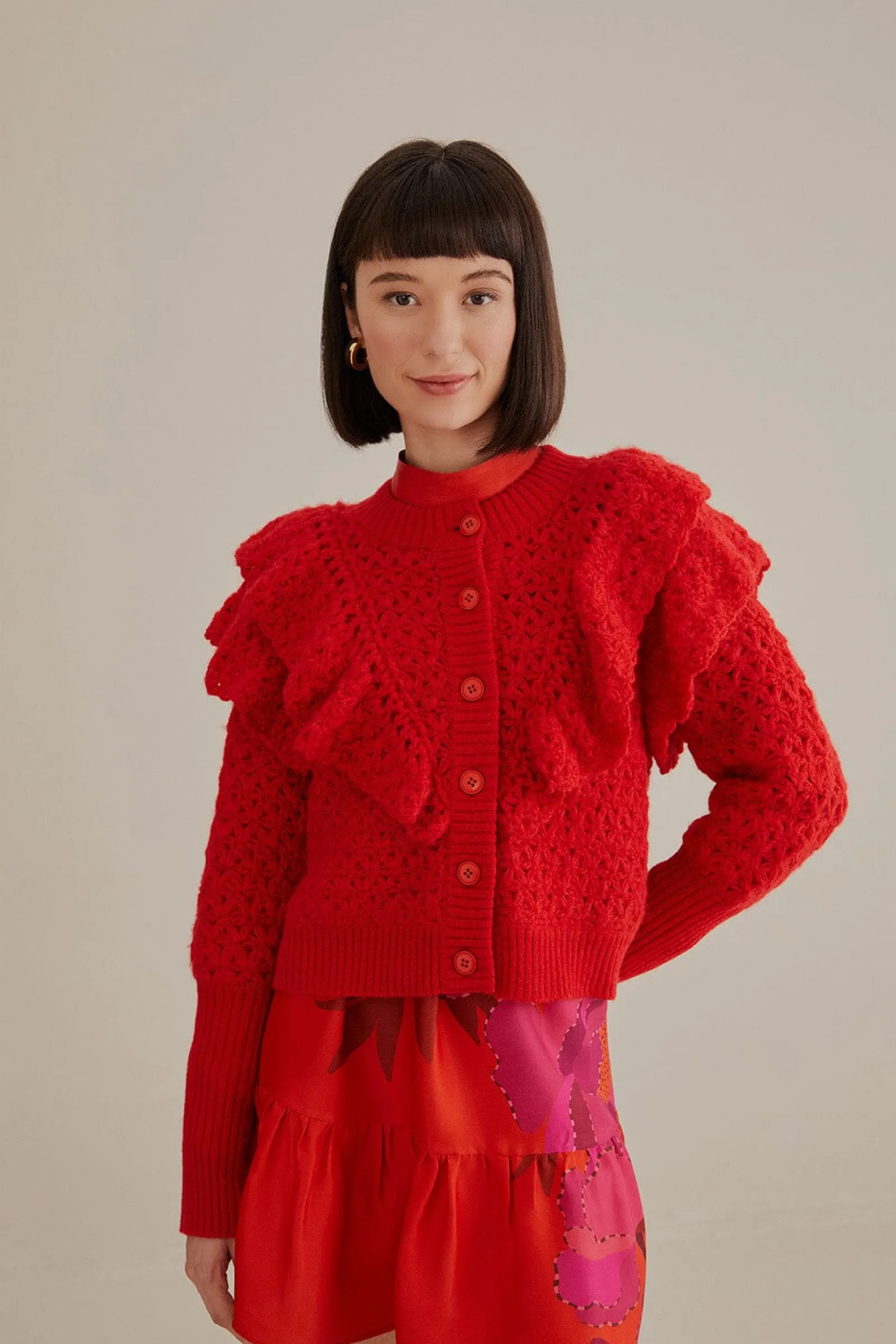 RED FLOWER TEXTURE KNIT CARDIGAN
