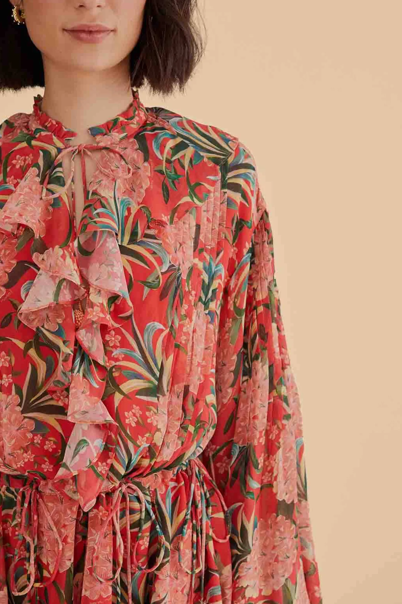 RED PINEAPPLE BLOOM V NECK MINI DRESS