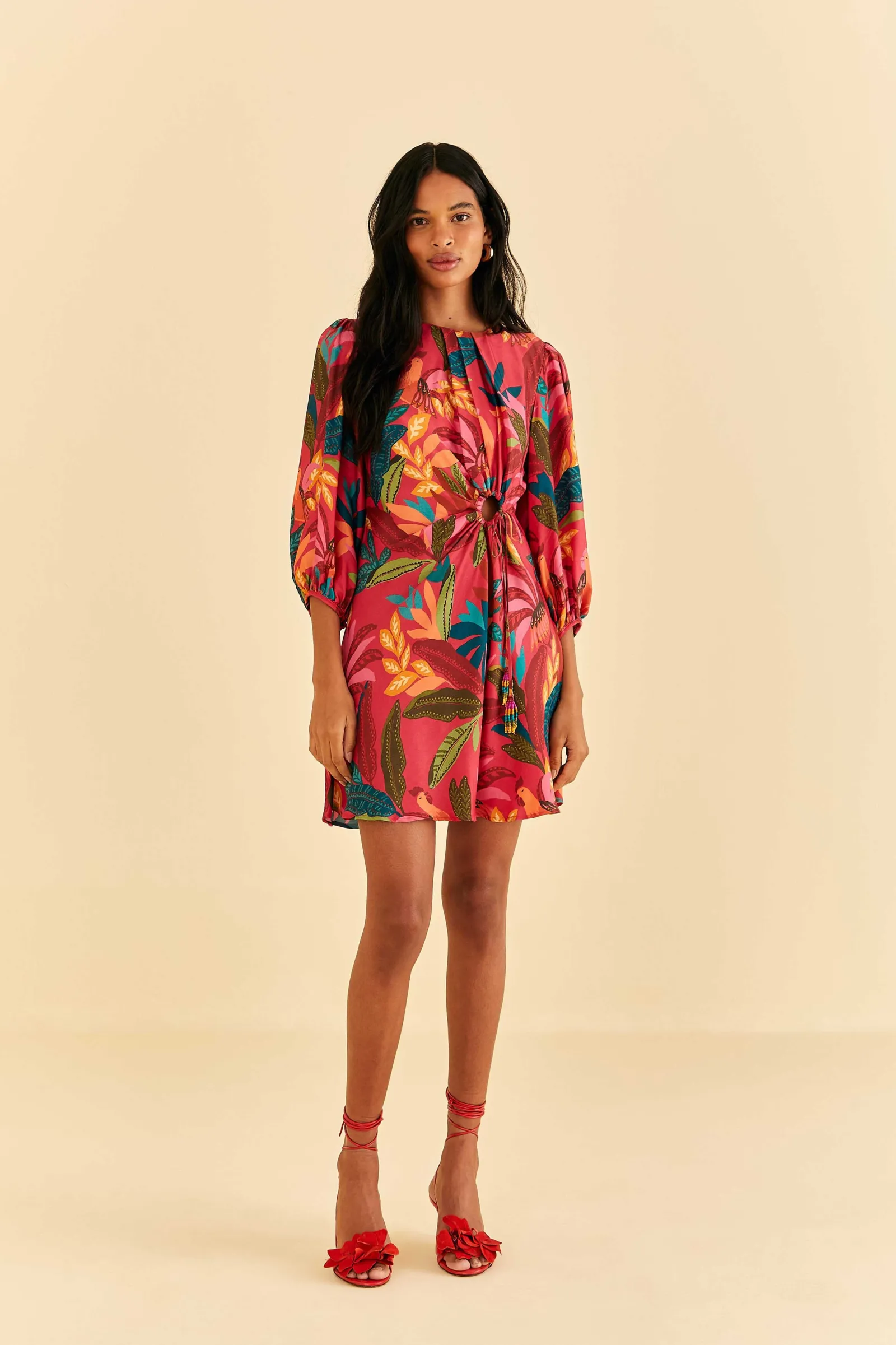 RED ROOSTER LEAVES LONG SLEEVE MINI DRESS