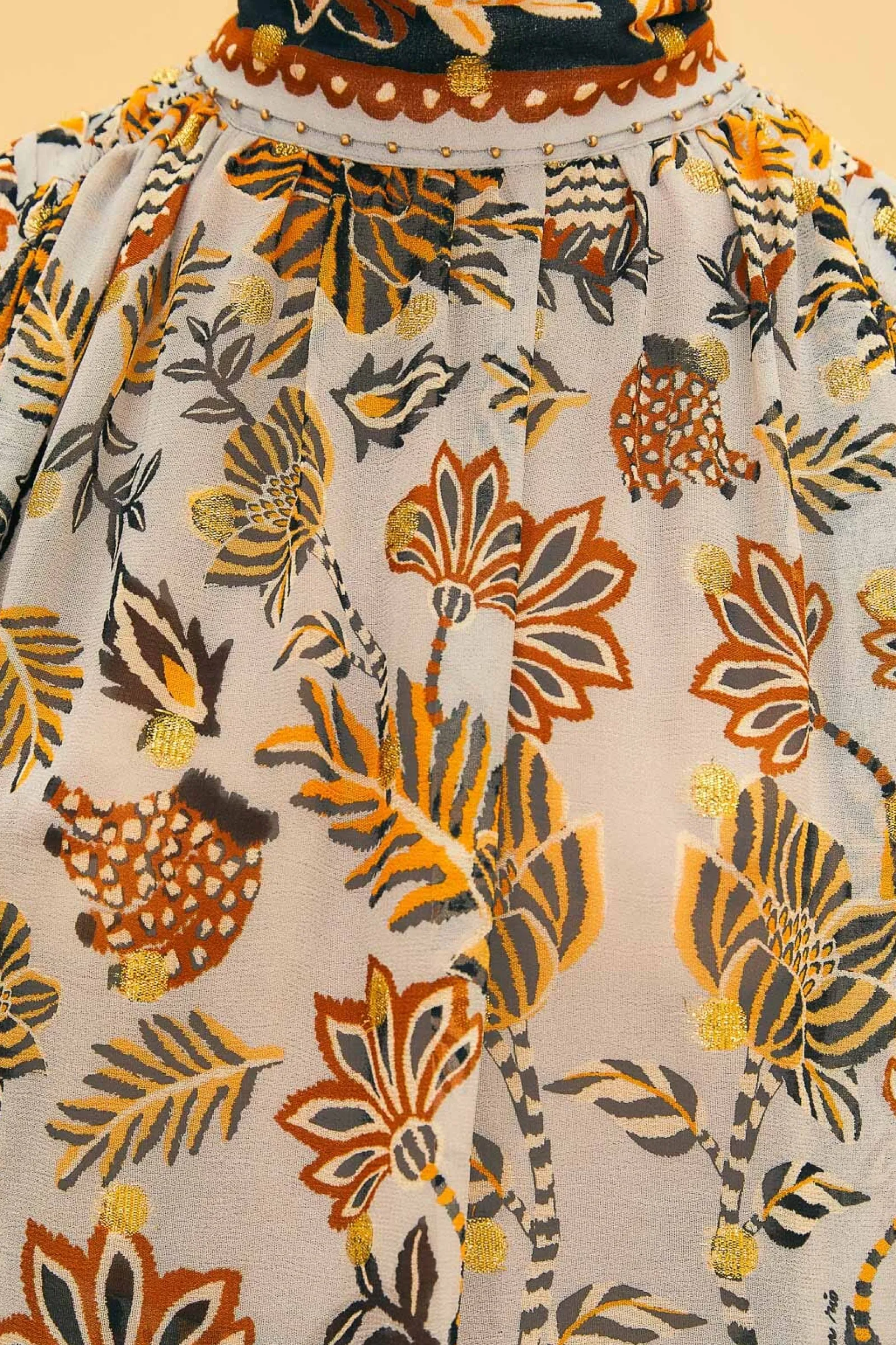 SILVER FLORAL TAPESTRY LONG SLEEVE BLOUSE