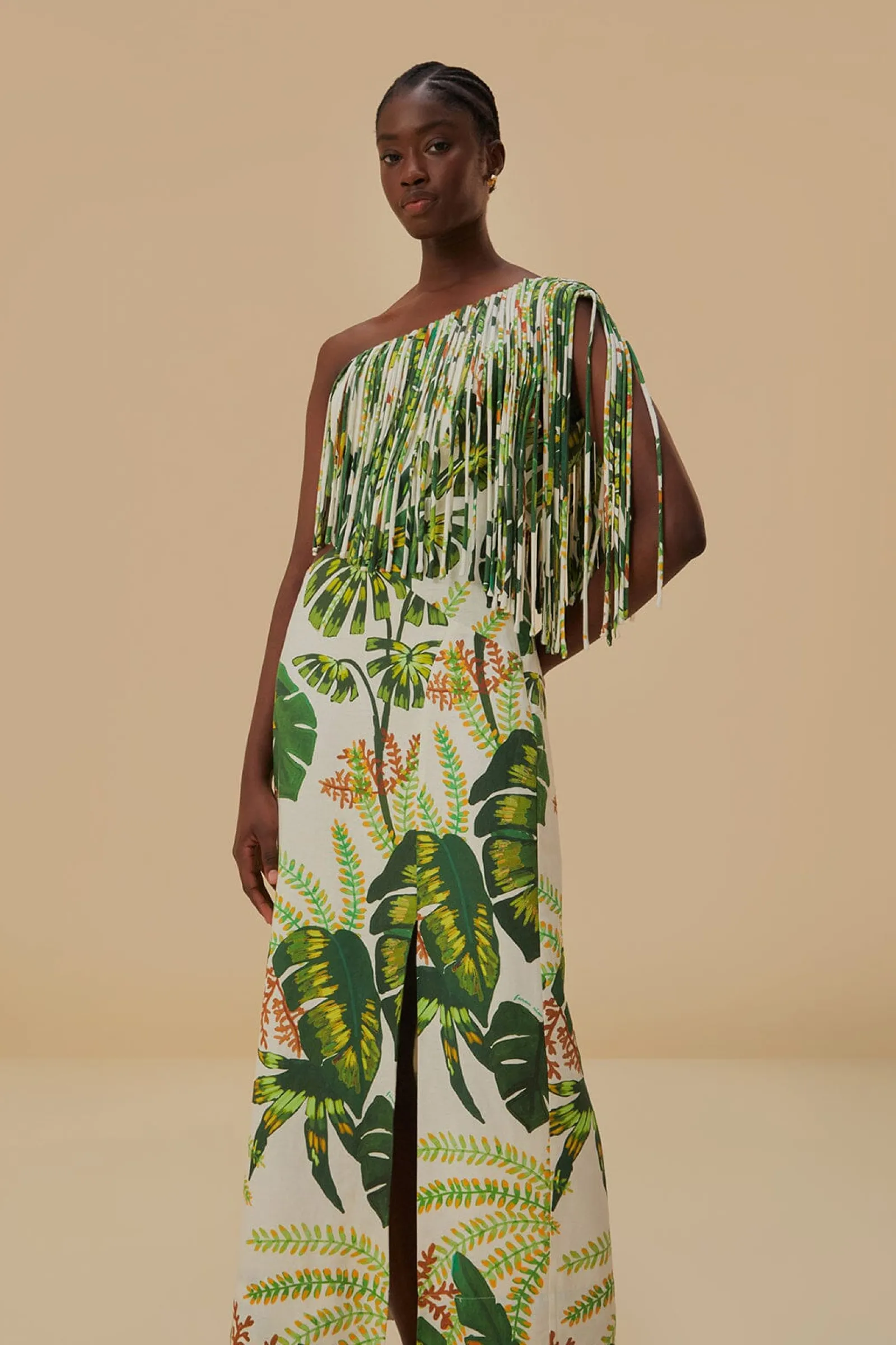  TROPICAL FOREST OFF-WHITE FRINGED MIDI DRESS