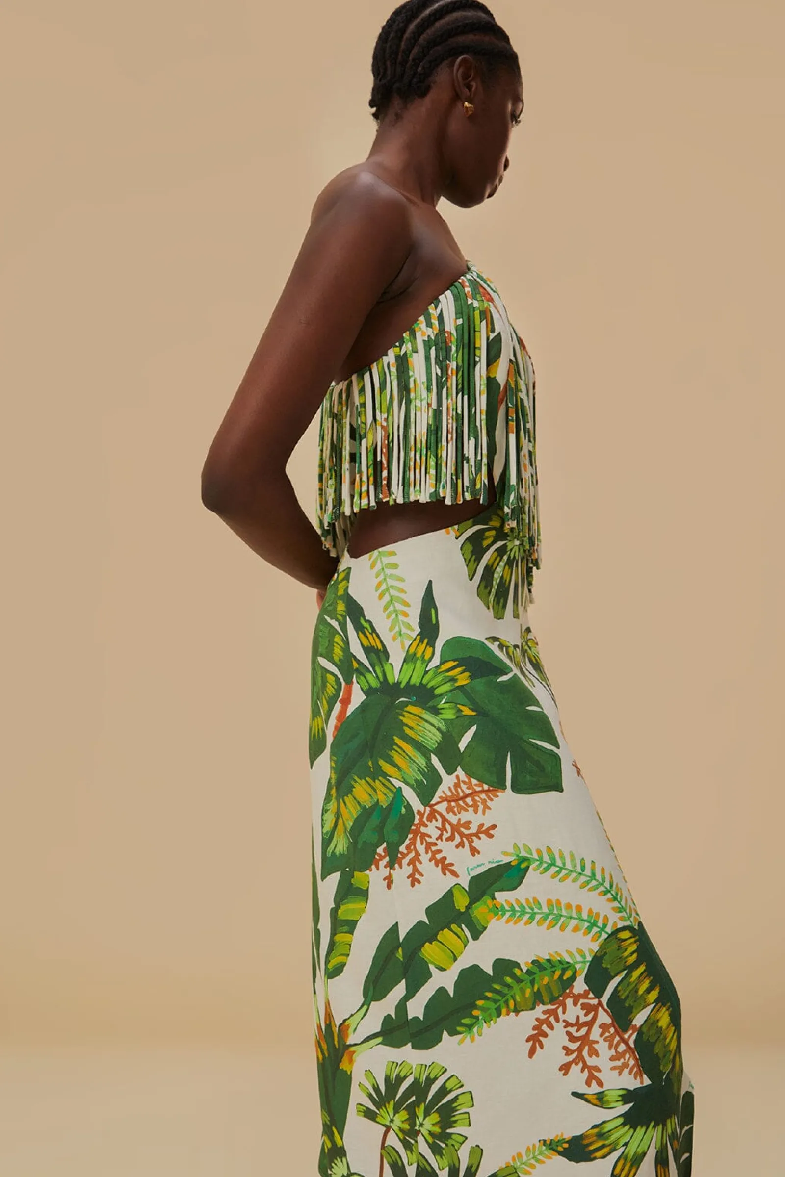 TROPICAL FOREST OFF-WHITE FRINGED MIDI DRESS