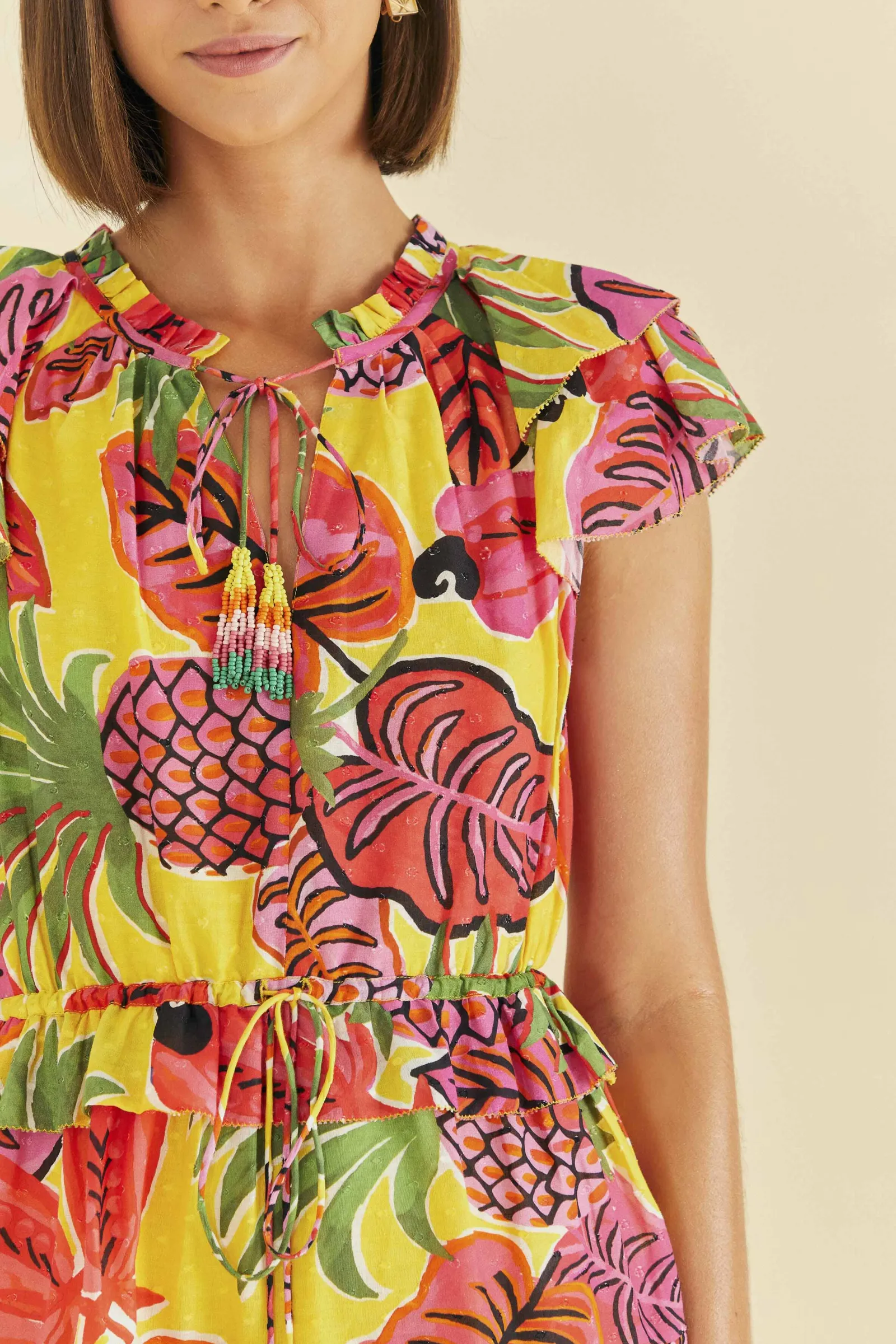 YELLOW FRUIT DREAM RUFFLE MINI DRESS